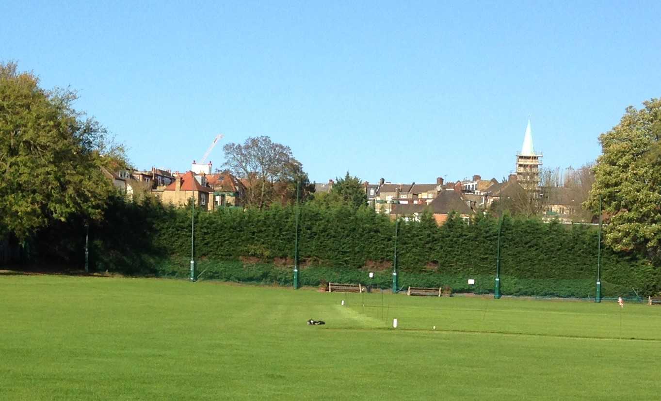 Image shows black ball stop netting at edge of a cricket ground
